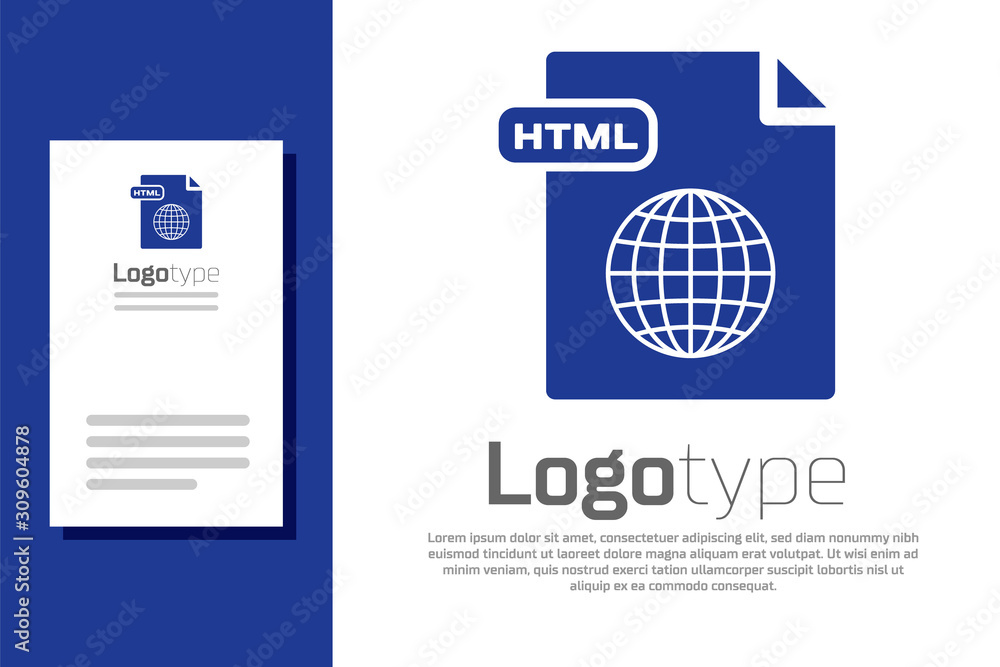 Poster blue html file document. download html button icon isolated on white background. html file symbol. m