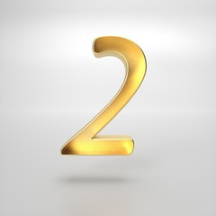  3d rendering of the number 2 in gold metal on a white isolated background.
