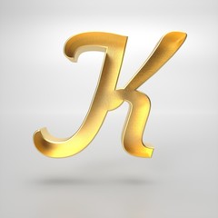  3d rendering of the letter K in gold metal on a white isolated background.