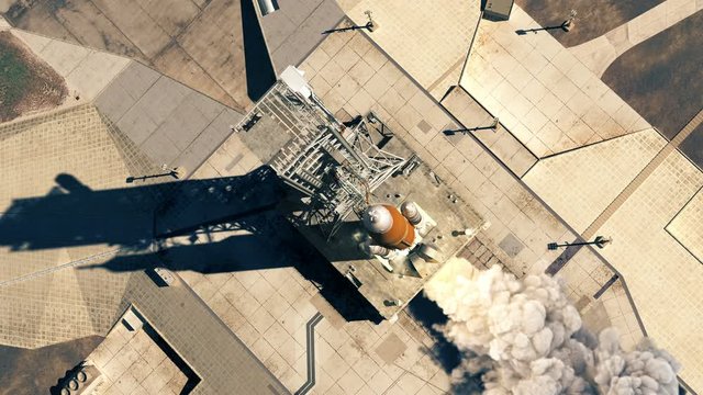 Launch Of Heavy Carrier Rocket (Space Launch System). Aerial View. Slow Motion. 3D Animation. 4K. Ultra High Definition. 3840x2160.