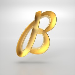  3d rendering of the letter B in gold metal on a white isolated background.