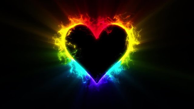 Iridescent multicolored glowing burning heart shape Valentine's Day love card. Vivid rainbow colored smoke flame. Romantic lovely logo copy space animation. Isolated on black alpha copyspace 4k 60fps