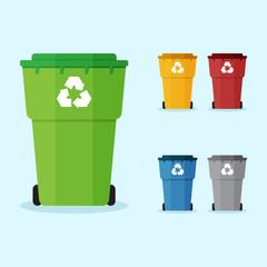 Trash can, type of bin based on color, trash can and recycling flat design vector illustration