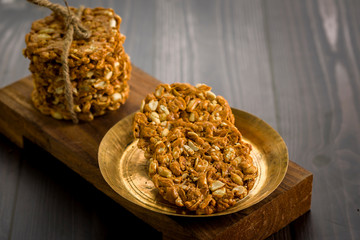 Peanuts brittle or groundnut chikki with jaggery or gachak