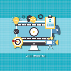  Video marketing concept. Monitor computer and icon video player, email. Digital industry. Vector flat illustration 