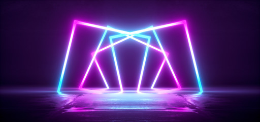 Futuristic Sci-Fi Abstract Blue And Purple Neon Light Shapes On Black Background And Reflective Concrete With Empty Space For Text 3D