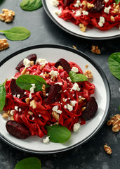Roast Beetroot Pasta with spinach, walnuts and feta cheese. healthy food