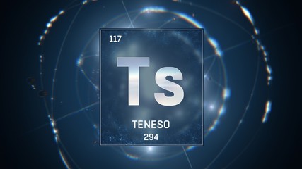 3D illustration of Tennessine as Element 117 of the Periodic Table. Blue illuminated atom design background with orbiting electrons. Name, atomic weight, element number in Spanish language