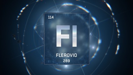 3D illustration of Flerovium as Element 114 of the Periodic Table. Blue illuminated atom design background with orbiting electrons. Name, atomic weight, element number in Spanish language