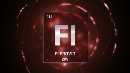 3D illustration of Flerovium as Element 114 of the Periodic Table. Red illuminated atom design background with orbiting electrons. Name, atomic weight, element number in Spanish language