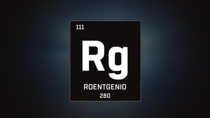 3D illustration of Roentgenium as Element 111 of the Periodic Table. Grey illuminated atom design background with orbiting electrons. Name, atomic weight, element number in Spanish language