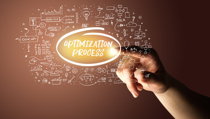 Hand touching OPTIMIZATION PROCESS inscription, hand drawn icons around, business plan concept
