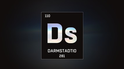 3D illustration of Darmstadtium as Element 110 of the Periodic Table. Grey illuminated atom design background with orbiting electrons. Name, atomic weight, element number in Spanish language