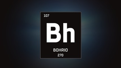 3D illustration of Bohrium as Element 107 of the Periodic Table. Grey illuminated atom design background with orbiting electrons. Name, atomic weight, element number in Spanish language