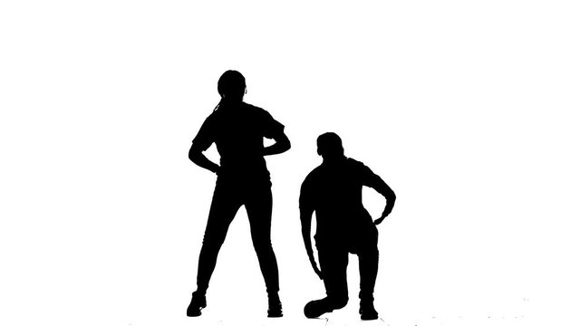 black silhouette on a white background, girls duet dance hip hop, street dance, isolated