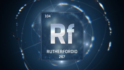 3D illustration of Rutherfordium as Element 104 of the Periodic Table. Blue illuminated atom design background with orbiting electrons. Name, atomic weight, element number in Spanish language