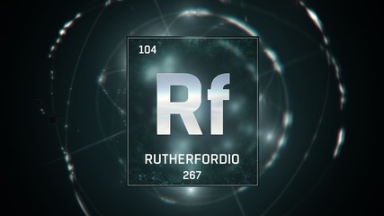 Obraz premium 3D illustration of Rutherfordium as Element 104 of the Periodic Table. Green illuminated atom design background with orbiting electrons. Name, atomic weight, element number in Spanish language