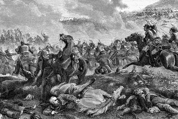 End of battle of Ligny: general Blucher shot down by the burden of the cuirassiers. 16th June1815. Part of the Waterloo campaign. Antique illustration. 1890.