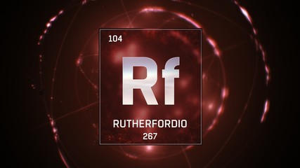 3D illustration of Rutherfordium as Element 104 of the Periodic Table. Red illuminated atom design background with orbiting electrons. Name, atomic weight, element number in Spanish language