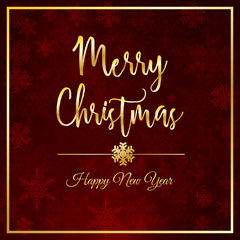 Fototapeta na wymiar Exclusive and elegant Christmas card design with red background and snowflakes. Merry Christmas and Happy New Year text in gold. Square format. 