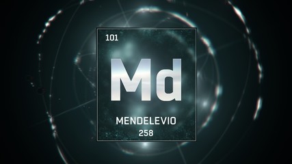 3D illustration of Mendelevium as Element 101 of the Periodic Table. Green illuminated atom design background with orbiting electrons. Name, atomic weight, element number in Spanish language