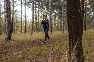Jogging in the autumn forest. Young fit woman in sportswear runs along forest path. Healthy lifestyle concept