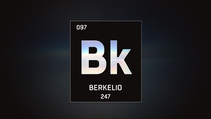 3D illustration of Berkelium as Element 97 of the Periodic Table. Grey illuminated atom design background with orbiting electrons. Name, atomic weight, element number in Spanish language