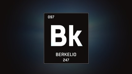 3D illustration of Berkelium as Element 97 of the Periodic Table. Grey illuminated atom design background with orbiting electrons. Name, atomic weight, element number in Spanish language