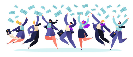 Business people bounce trying to catch money. The concept of achieving success, enrichment, determination. Banknotes fall on people. Business strategy profit concept. Vector flat cartoon illustration