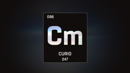 3D illustration of Curium as Element 96 of the Periodic Table. Grey illuminated atom design background with orbiting electrons. Name, atomic weight, element number in Spanish language