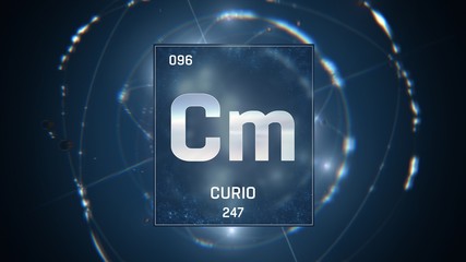 3D illustration of Curium as Element 96 of the Periodic Table. Blue illuminated atom design background with orbiting electrons. Name, atomic weight, element number in Spanish language