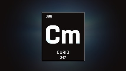 3D illustration of Curium as Element 96 of the Periodic Table. Grey illuminated atom design background with orbiting electrons. Name, atomic weight, element number in Spanish language