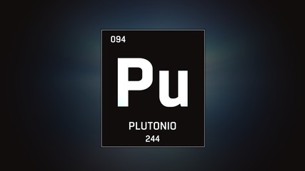 3D illustration of Plutonium as Element 94 of the Periodic Table. Grey illuminated atom design background with orbiting electrons. Name, atomic weight, element number in Spanish language