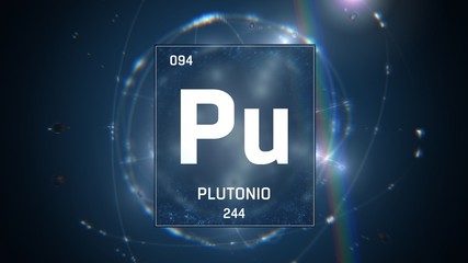 3D illustration of Plutonium as Element 94 of the Periodic Table. Blue illuminated atom design background with orbiting electrons. Name, atomic weight, element number in Spanish language