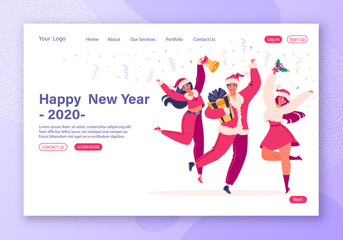 Concept of landing page on New Year party celebration theme. Flat people characters dancing in santa claus costumes. Confetti on the background. Winter holidays landing page template for website.