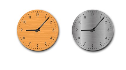 wooden clock and steel clock on the white background