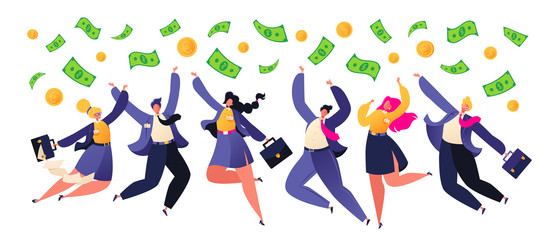 Vector illustration in flat cartoon style. Happy business people, men and women are bouncing with joy. Concept of enrichment, financial success, teamwork. Money, bills and coins fall on characters.