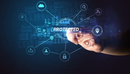 Hand touching PROTECTED inscription, Cybersecurity concept