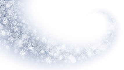 Vector Swirling Magic Snow Effect With White Transparent Snowflakes And Lights Overlay On Light Blue Background. Merry Christmas And Happy New Year Winter Holidays Abstract Illustration