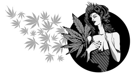 Lady with cannabis leaf. The marijuana leafs on the background - 309613619