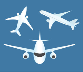 Airplane icon set flat cartoon style. Planes collection of objects on a blue background. Vector illustration