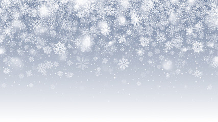 Winter Season Vector Falling Snow With Transparent Snowflakes And Lights Overlay On Light Blue Background. Merry Christmas And Happy New Year Holidays Clear Blank Subtle Design Backdrop