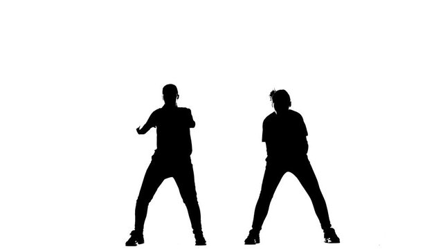 black silhouette on a white background, girls duet dance hip hop, street dance, isolated