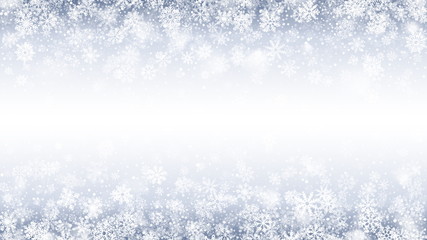 Vector Merry Christmas And Happy New Year Holidays Abstract Illustration With White Snowflakes And Lights On Light Blue Background. Falling Snow Effect On Light Backdrop