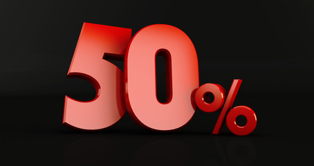 3D rendering of a red fifty percent on a white background. Sale of special offers. Discount with the price is 50%.