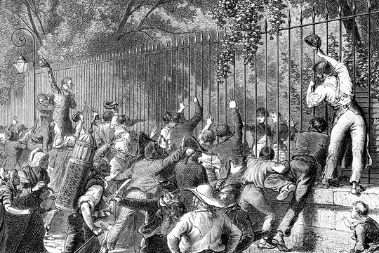 Effect produced by the presence of Napoleon in the crowd gathered on Marigny Avenue, Paris.  June 1815. Antique illustration. 1890.