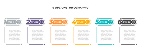Vector Infographics design label with thin line element. Timeline with 6 steps, options. Can be used for workflow diagram, info chart, web design. 