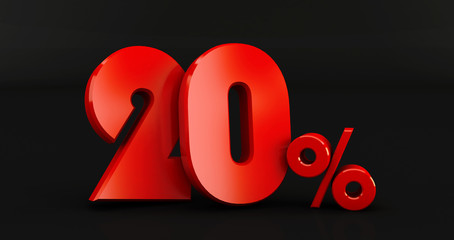 3D rendering of a red twenty percent on a white background. Sale of special offers. Discount with the price is 20%.