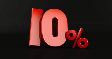 3D rendering of a red ten percent on a white background. Sale of special offers. Discount with the price is 10%.