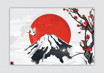 Japanese style vintage background, with a giant red sun behind a volcanic mountain.